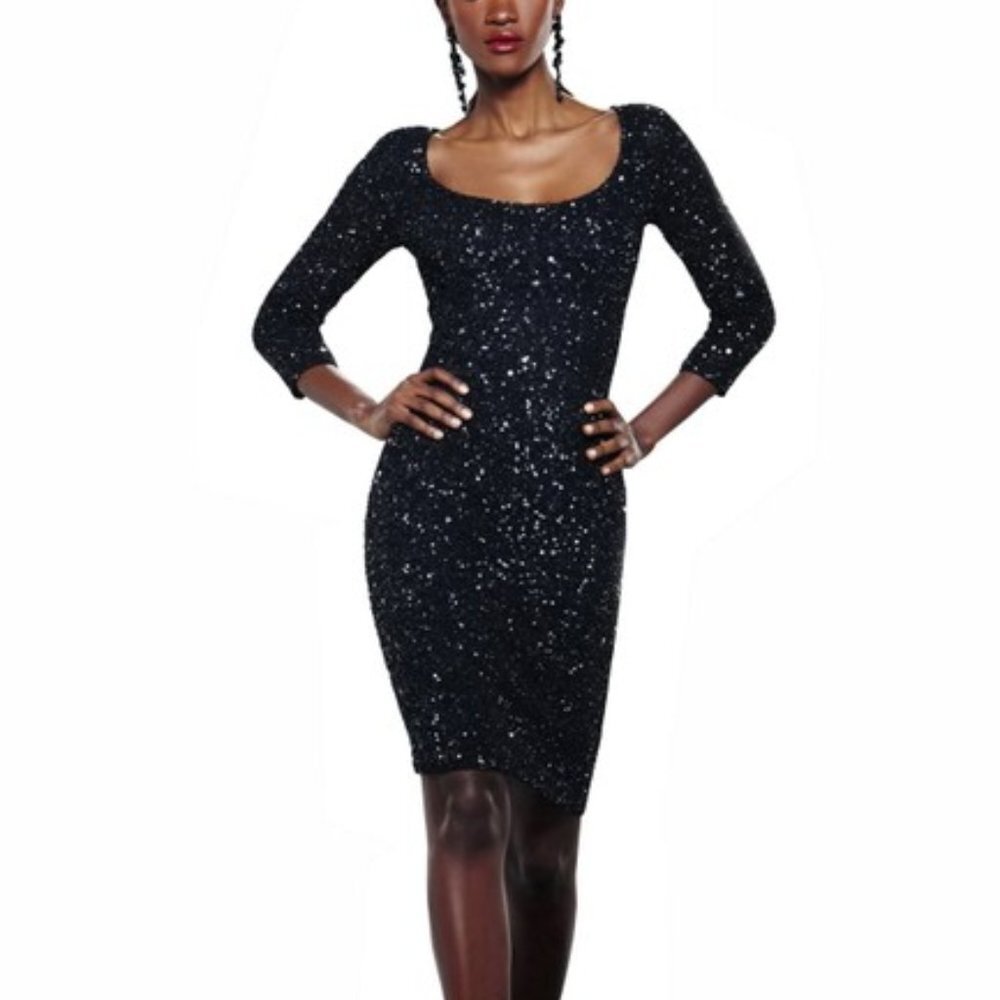 Theia Black Sequin Cocktail Sheath Formal Dress